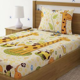 Myntra Elegant Homes Cream-Coloured & Yellow Cartoon Characters 300 TC Single Bedsheet with 1 Pillow Covers-picture-14