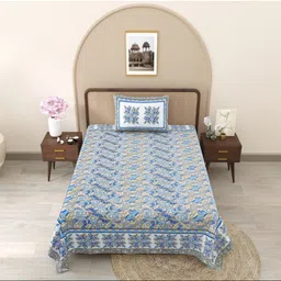 JAIPUR FABRIC Blue & White Floral Single Bedsheet with 1 Pillow Covers image 1