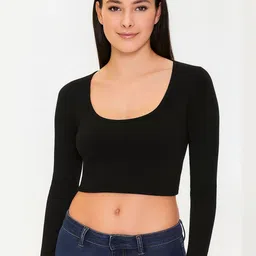 PUERY Women Solid Scoop Neck Long Sleeves Cotton Crop Top-picture-13