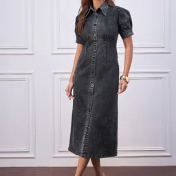 Chemistry Women Puff Sleeve Denim Shirt Midi Dress-image-96