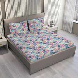 Layers White & Purple Geometric 220 TC King Bedsheet with 2 Pillow Covers-picture-46