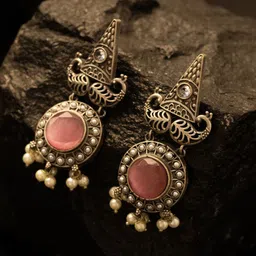 PANASH Silver-Plated Stones Studded And Beaded Geometric Shaped Drop Earrings image 2