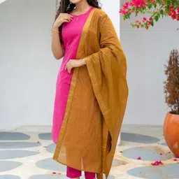 ROZLAND Women Regular Kurta with Trousers & With Dupatta image 5
