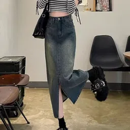 StyleCast x Revolte Denim Front-Slit Straight Midi Skirt image 4