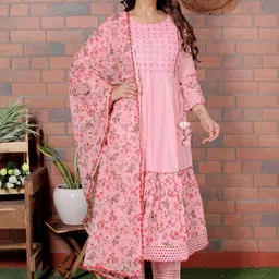 Parth Creations Women Floral Embroidered Tiered Mirror Work Pure Cotton Kurta with Trousers & With Dupatta image 5