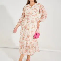 Styli Plus Size Floral Printed Puff Sleeve A-Line Midi Dress-image-25