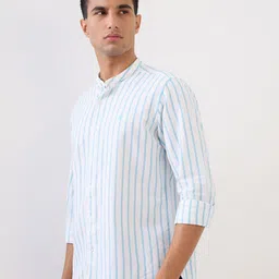 Raymond Vertical Striped Mandarin Collar Cotton Linen Casual Shirt image 3
