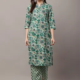 HERE&NOW Women Floral Printed Regular Pure Cotton Kurta with Trousers & With Dupatta image 3