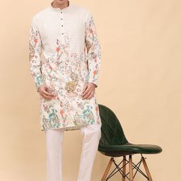 Pro-Ethic STYLE DEVELOPER Men Floral Colourblocked Angrakha Sequinned Pure Cotton Kurta with Pyjamas-picture-9