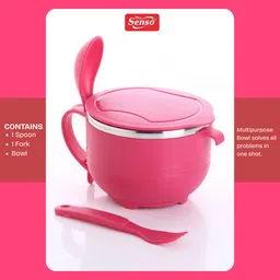 max senso Plastic, Stainless Steel Soup Bowl Smiley Soup and Maggie Bowl with Spoon and Fork Inner Steel Soup Bowl with Lid image 3