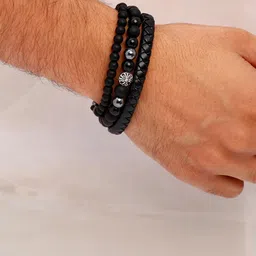 Archies Unisex Set Of 3 Evil Eye Black Beaded Leather Wristbands-picture-38