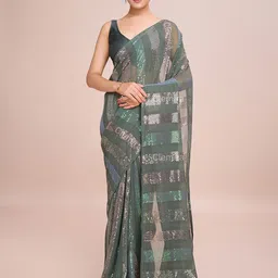 CLEMIRA Striped Embellished Sequinned Pure Georgette Saree image 4