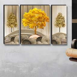 SAF Gold-Toned & Beige 3 Pieces Floral and Botanical Printed Wooden Wall Art-picture-16