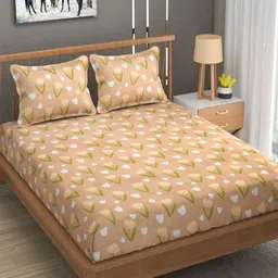 AVI Beige & Green Floral Printed Cotton 180 TC Double King Bedsheet Set 2.54 x 2.28 m-image-64