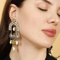 VIVAZS Silver-Plated Contemporary Stone Studded & Beaded Oxidised Drop Earrings image 2