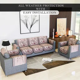 Kuber Industries Peach-Coloured & Brown 16 Pieces Printed Cotton Sofa Cover With Arms image 3