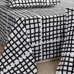HOMEMONDE Monochrome Stria Black Checked Cotton 210 TC King Bedsheet Set 2.54 m x 2.28 m image 2