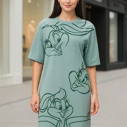 Bewakoof Women Looney Tunes Women Iceberg Green Graphic Printed Oversized T-Shirt Dress-image-7