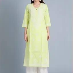 MRS RIGHT Women Yellow & White Floral Printed Straight Three-Quarter Sleeves Cotton Kurta-image-2