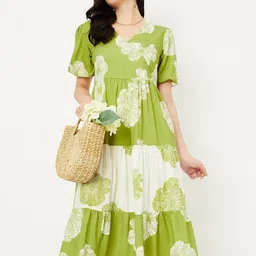 Frankoliyan Women Floral Printed Puff Sleeves Wrap Midi Dress-image-1