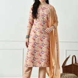 SZN Women Floral Printed Regular Thread Work Kurta with Trousers & With Dupatta image 4