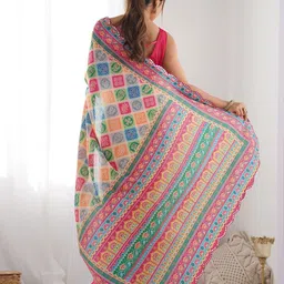 Munir Bandhani Printed Mirror Work Border Pure Georgette Saree image 5