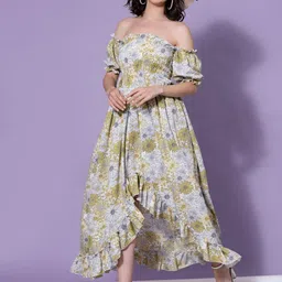 OOMPH! FACTOR Floral Printed Puff Sleeve Crepe A-Line Knee Length Dress image 4