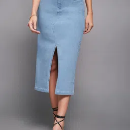 Miss Chase Women High-Rise Straight Agra Dream Walk Denim Midi Skirt-image-86
