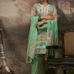 Anouk Women Floral Printed Regular Linen Kurta with Trousers & With Dupatta image 4