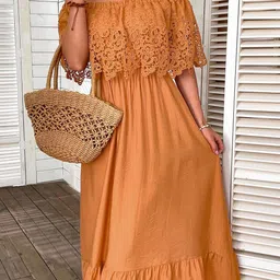 KPOP Women Ethnic Motifs self Design Off-Shoulder Flared Sleeve Ruffled A-Line Midi Dress-image-50