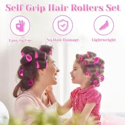 vivian Jumbo Rollers Hair Curlers 6 Pcs Set Small Hair Rollers for Long Medium (Pink) Hair Accessory Set image 4