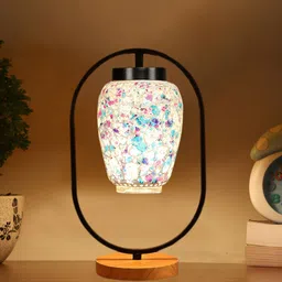 Devansh Blue & White Abstract Glass Wooden & Iron Table Lamp image 4