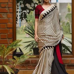 Peachmode Cream Printed Pure Crepe Sarees-picture-5