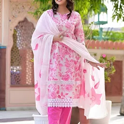 Parth Fab Floral Printed V-Neck Thread Work Kurta with Trousers & Dupatta image 2