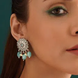 JAYPORE Silver-Plated Artificial Stones Studded & Beaded Floral Drop Earrings image 3