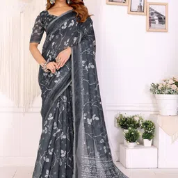 Jinal & Jinal Floral Zari Linen Blend Handloom Saree-picture-37
