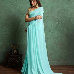 Ethnielle Solid Sequinned Saree with heavy embroidered blouse image 5