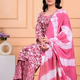 SKYTICK Women Ethnic Motifs Printed Round Neck Pure Cotton Kurta with Trousers & Dupatta image 3