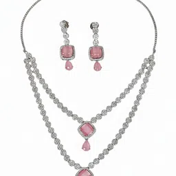 KARATCART Silver-Plated American Diamond-Studded Dual-Layer Jewellery Set image 3