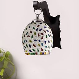 Devansh White & Green Textured Wooden Cylinder Shaped Shaped Wall Lamp with Mosaic Glass-image-44