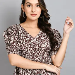 DressBerry Women V-Neck Floral Printed Puff Sleeve Cinched Waist Top-image-45