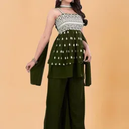 PARROT CREATION Women Embroidered Regular Sequinned Kurti with Palazzos & With Dupatta image 5
