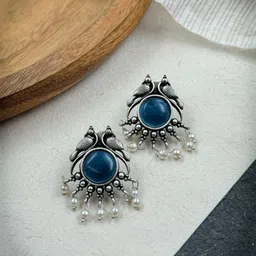 NAMAN ARTS Gold-Plated Stones Studded and Beaded Animal Shaped Oxidised Drop Earrings-image-6