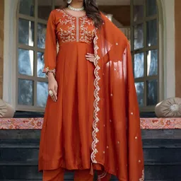 SHREEKALI Women Ethnic Motifs Embroidered Panelled Thread Work Kurta with Trousers & With Dupatta-picture-12