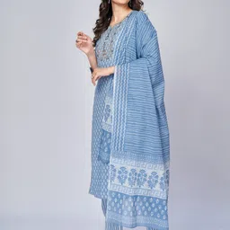KALINI Floral Printed Sequnnied Pure Cotton Straight Kurta With Trousers & Dupatta image 5