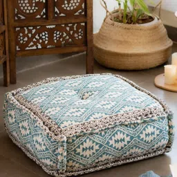 Ritualistic Blue & White Hand Block Printed Square Floor Cushion image 3