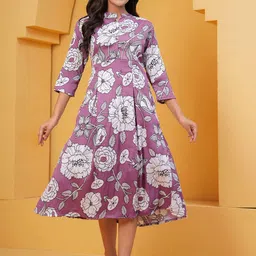 HEARTLOOM Floral Printed Mandarin Collar Neck Fit & Flare Midi Dress-picture-14
