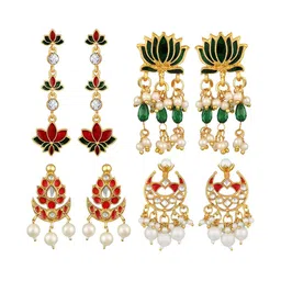 Stefan Gold-Plated Set Of 4 Floral Shaped Kundan Beaded Meenakari Drop Earrings-image-52