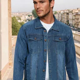 Kotty Men Solid Spread Collar Denim Jacket-image-56