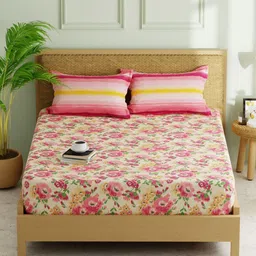KOPA Beige & Pink Floral 152 TC Queen Bedsheet with 2 Pillow Covers-picture-23
